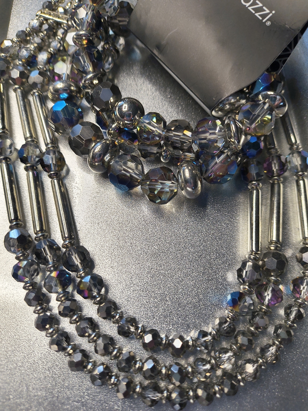 Silver-Tone Multi-Strand Crystal Iridescent Blue Gray Necklace/Bracelet Set